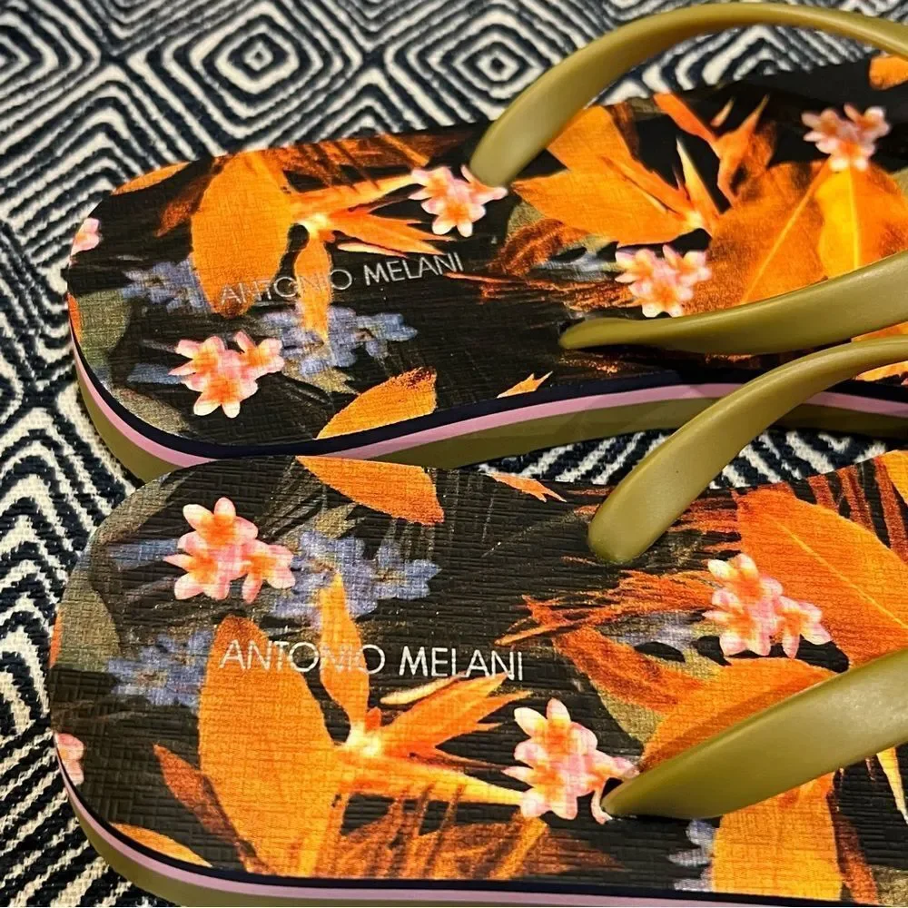 ANTONIO MELANI Orange and Black Floral flip flops‎